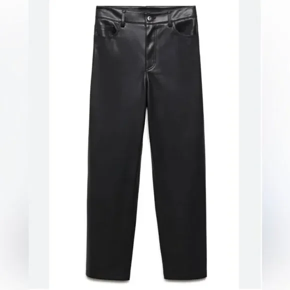 Zara Faux Leather Black Pants Straight Leg Size 2 - Picture 4 of 8